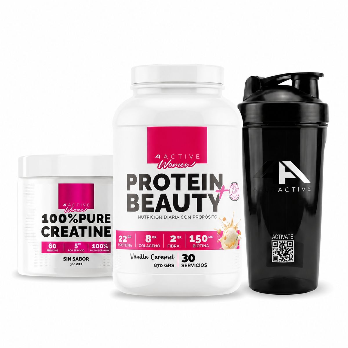 4ACTIVE - PACK PROTEINA BEAUTY VAINILLA CARAMEL 870GR+ CREATINA 300GR SIN SABOR + SHAKER -4ACTIVE