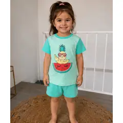 GENERAL - Pijama 2 piezas Niña Manga Corta Turquesa Frutas Divertidas