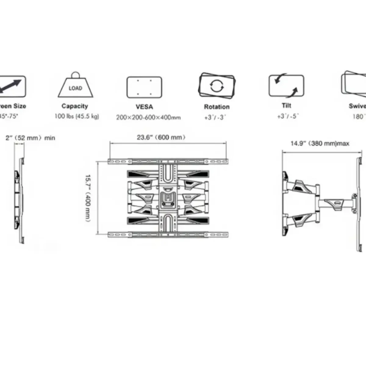 GENERICO - Soporte Universal Brazo Articulado Base Tv45 A 75 Pulgadas