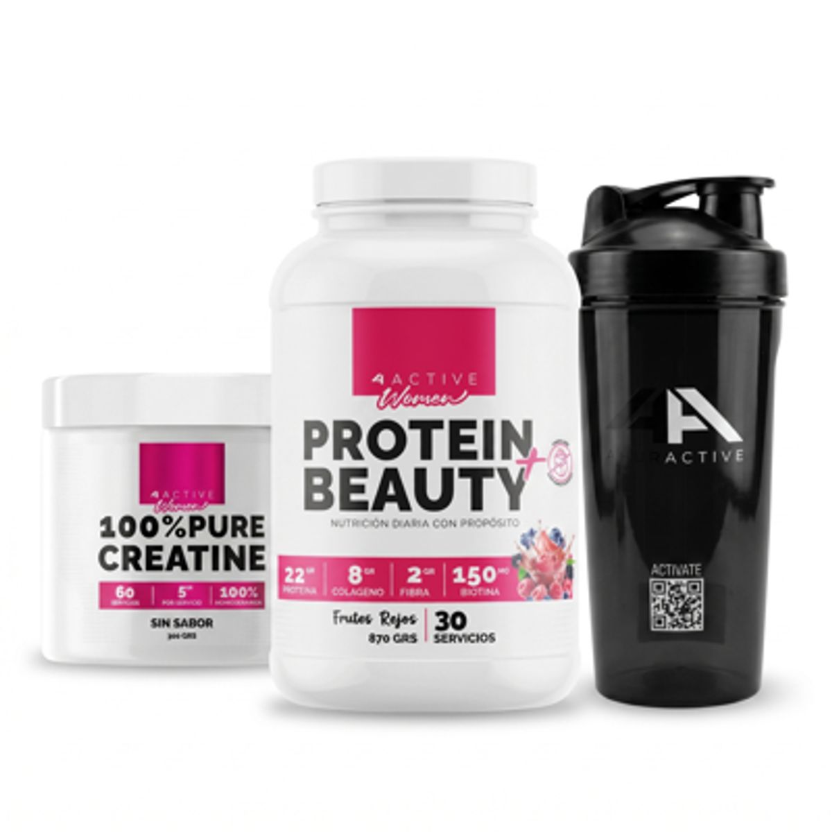 4ACTIVE - PACK PROTEINA BEAUTY FRUTOS ROJOS 870GR+ CREATINA 300GR SIN SABOR + SHAKER -4ACTIVE