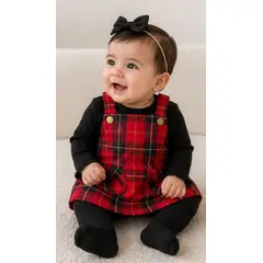 GENERAL - Conjunto Bebé Niña 3 Piezas escoses Rojo: Jumper, Camiseta y Pantys