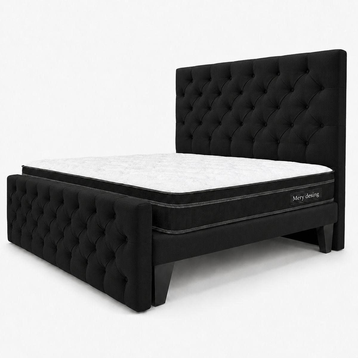 GENERICO - Cama 2 Plazas Capitone Negro  con Doble Respaldo Con Colchon Mery Desing – Diseño Moderno y Máximo Confort