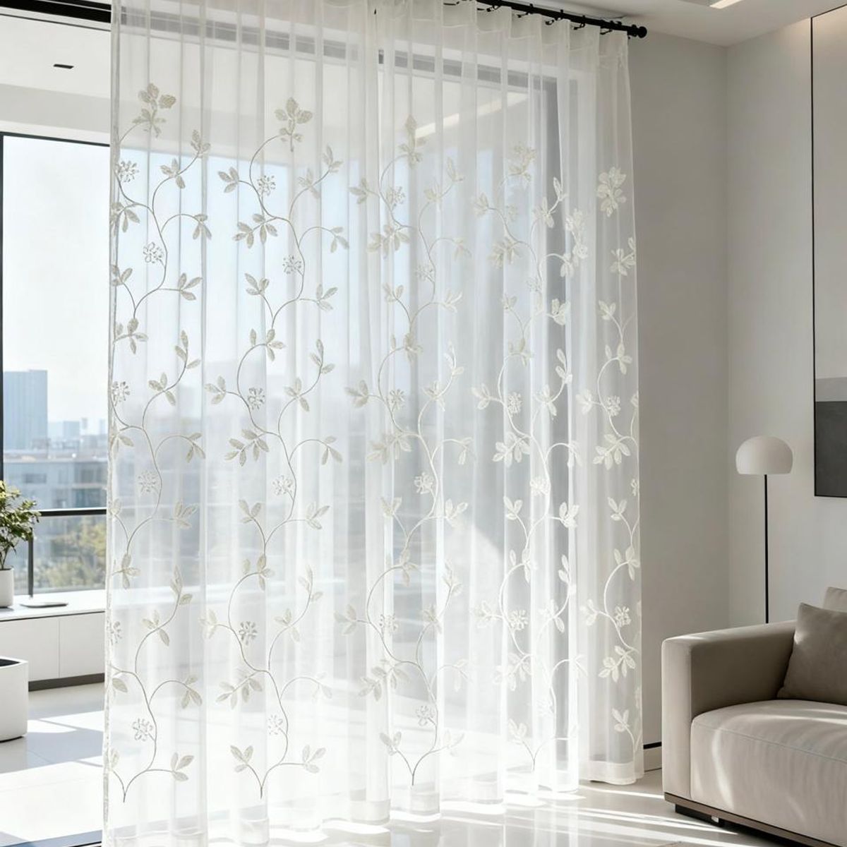 DIANA - CORTINA VISILLO TRANSLUCIDO BORDADO RAMAS BLANCAS 2 PAÑOS 140X220CM
