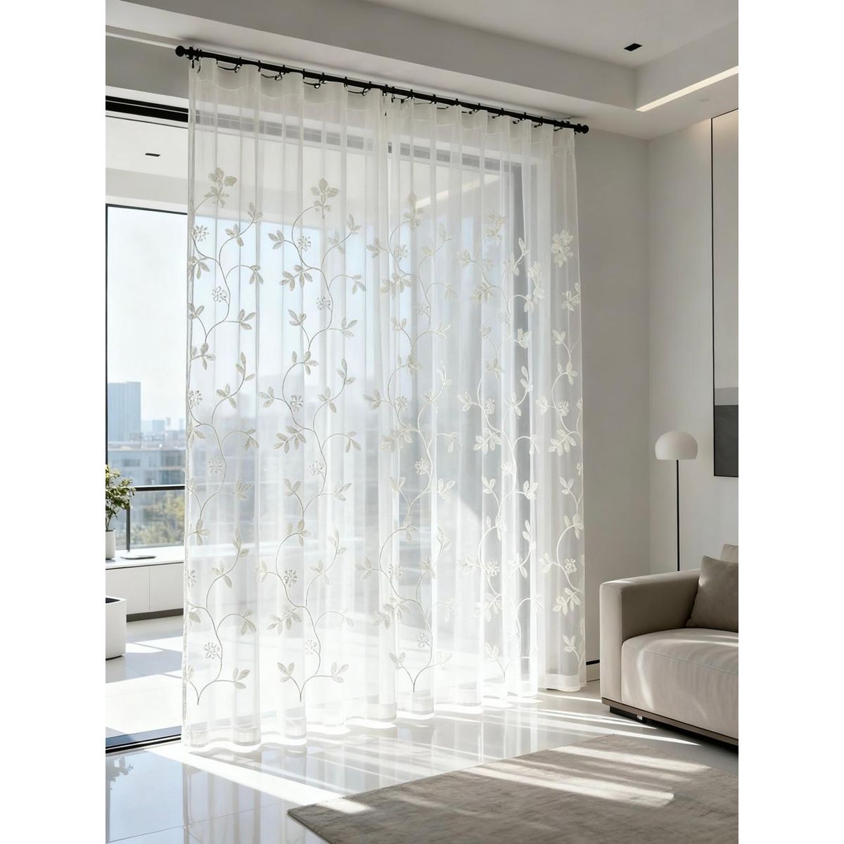 DIANA - CORTINA VISILLO TRANSLUCIDO BORDADO RAMAS BLANCAS 2 PAÑOS 140X220CM