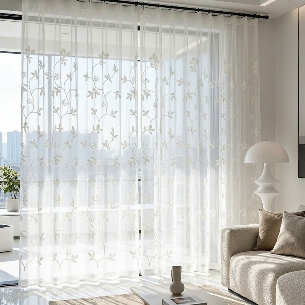 DIANA - CORTINA VISILLO TRANSLUCIDO BORDADO RAMAS BLANCAS 2 PAÑOS 140X220CM