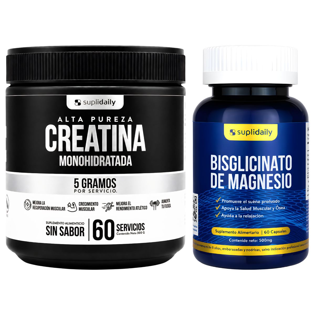 SUPLIDAILY - Pack Creatina Monohidratada 300g + Magnesio 60 Capsulas Rendimiento y Recuperación Total