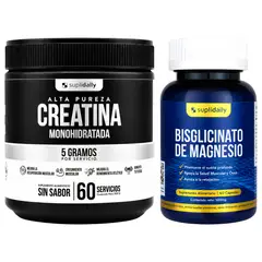 SUPLIDAILY - Pack Creatina Monohidratada 300g + Magnesio 60 Capsulas Rendimiento y Recuperación Total