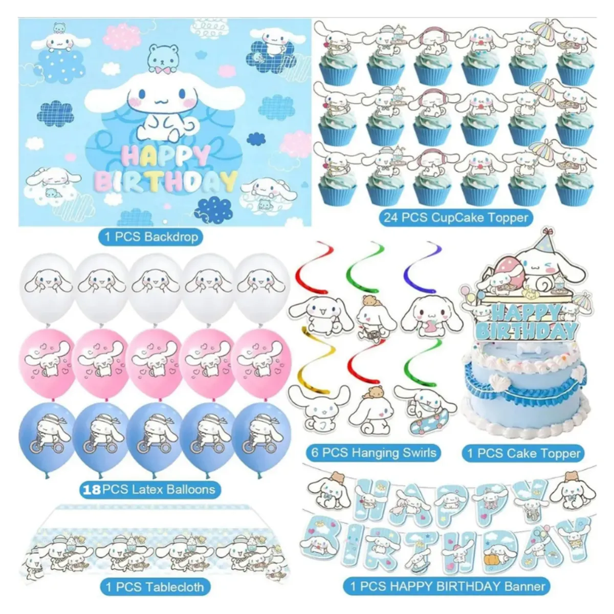 GENERICO - Set De Cumpleaños cotillón De Cinnamoroll Decoración + Tela