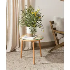 AMOBLE - Mesa Lateral Betanzo Roble Ratán Vidrio Redonda 45cm Natural