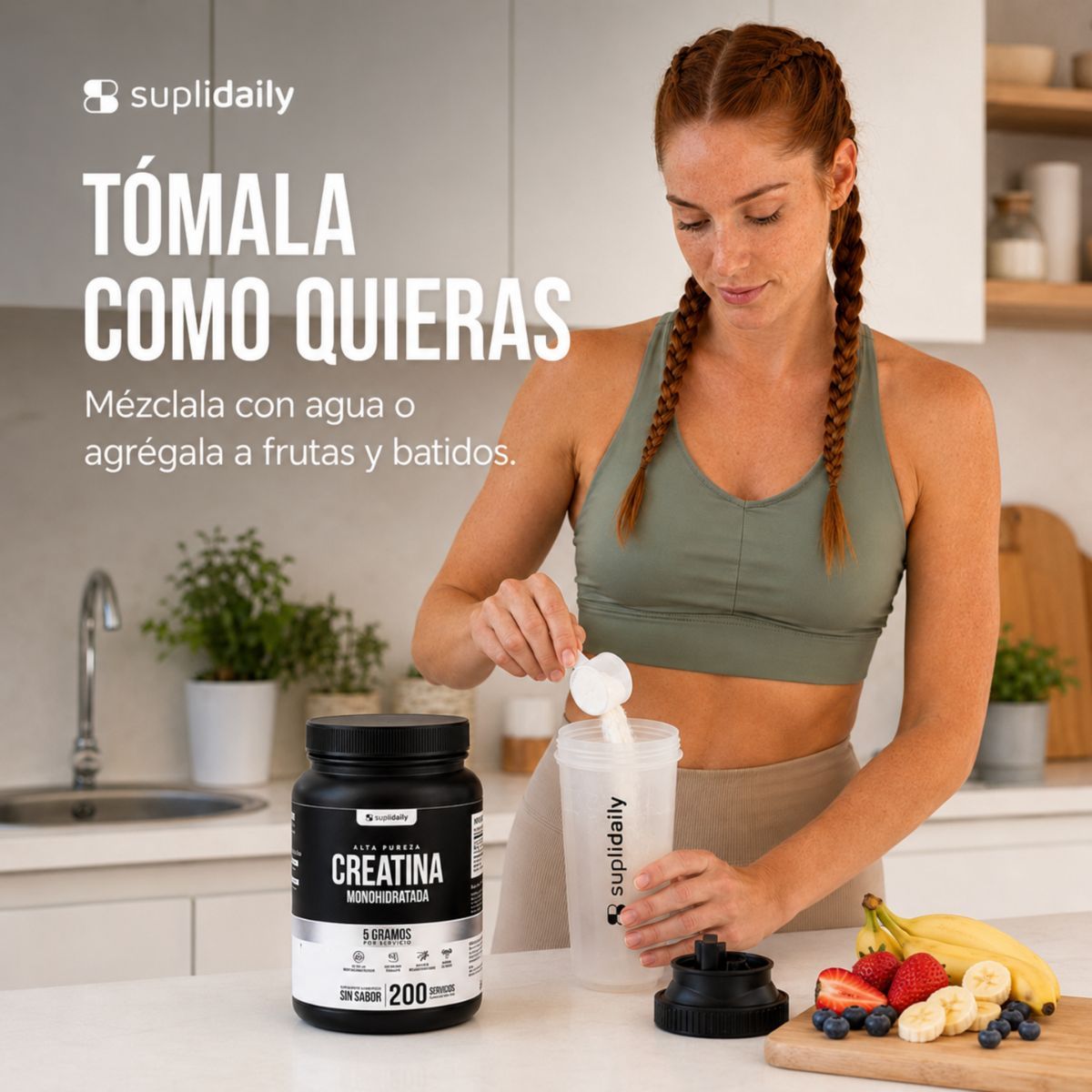 SUPLIDAILY - Creatina Monohidratada Micronizada 1 kg 200 Porciones 6 Meses SupliDaily