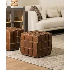 AMOBLE - Pouf Ruma Cuero Cuadrado 40x40x40 Cm Café