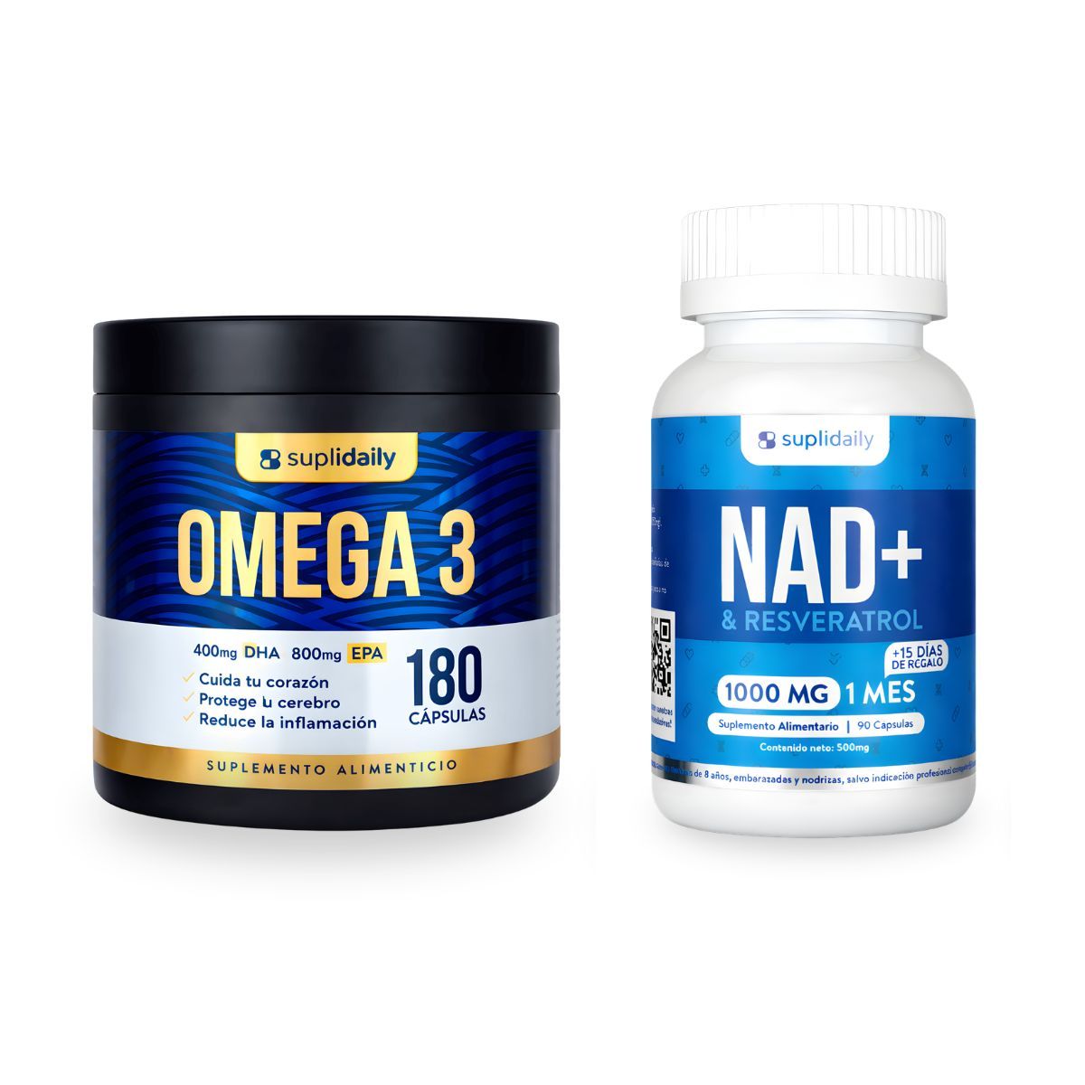 SUPLIDAILY - Kit Bienestar: Omega 3 Alta Pureza 800 Epa 400 Dha 180 Caps + Nad+ Resveratrol 90 Caps Energía