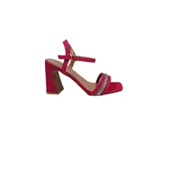 HERIEL - Sandalia Tacón Ancho Fucsia Con Pedrería Y Correa Ajustable
