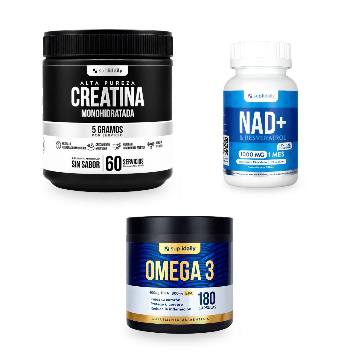 SUPLIDAILY - Kit Suplidaily: Omega 3 800 Epa 400 Dha 180 Cap + Creatina Monohidratada 300 gr + Nad+ Resveratrol 90 Caps