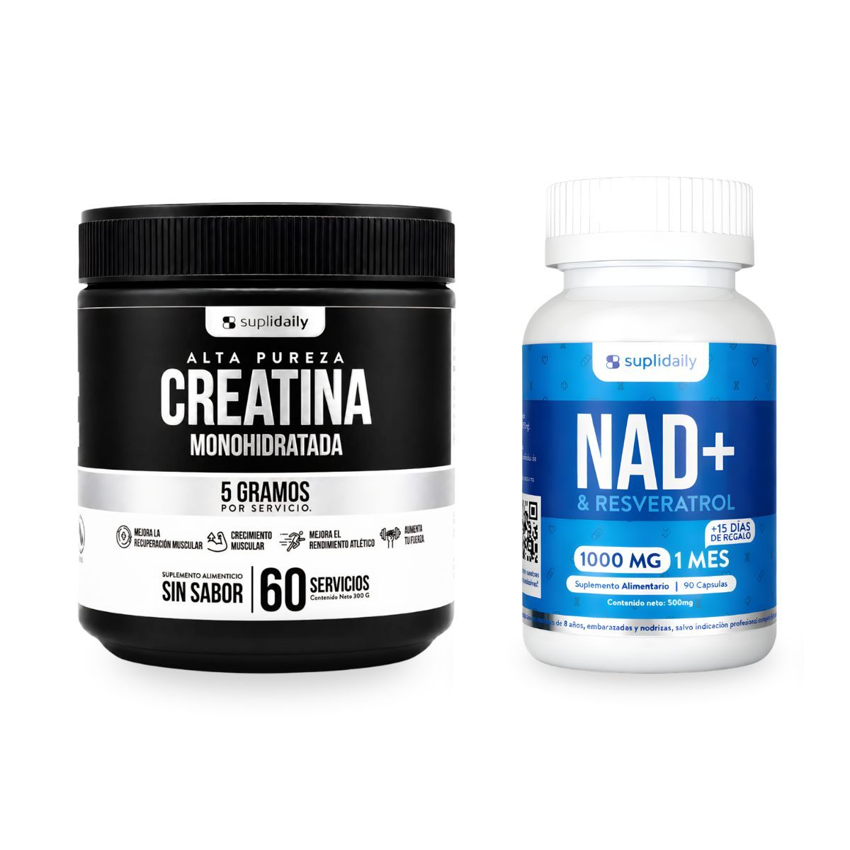 SUPLIDAILY - Kit Suplidaily: Creatina Monohidratada 300 gr + Nad+ Resveratrol 90 Cápsulas 45 Días Energía