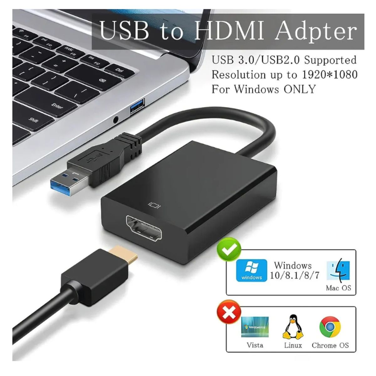 GENERICO - Adaptador Usb 3.0 A Hdmi Full Hd 1080p 60hz Para Win 7/8/10
