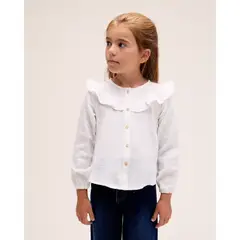 DADATI - Blusa manga larga de niña en blanco con volante