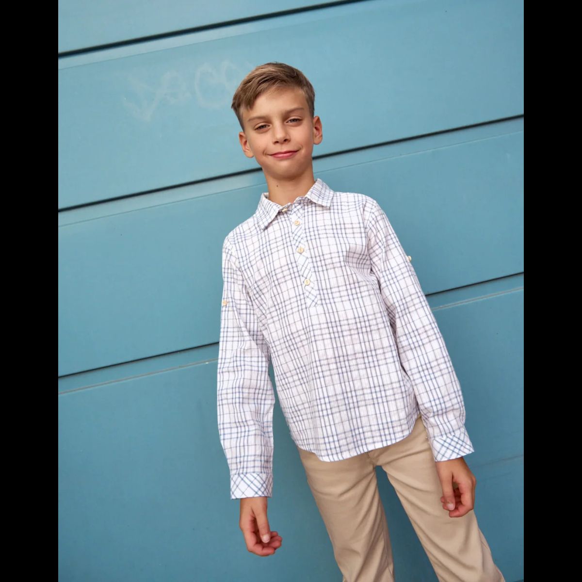 DADATI - Camisa de niño de cuadros azul y blanco
