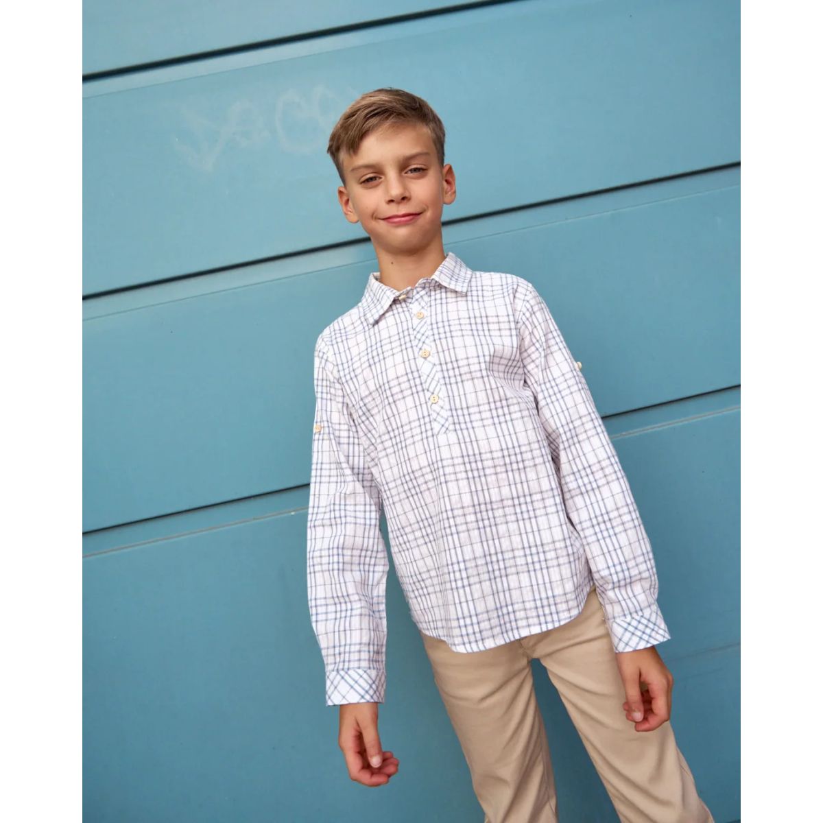 DADATI - Camisa de niño de cuadros azul y blanco