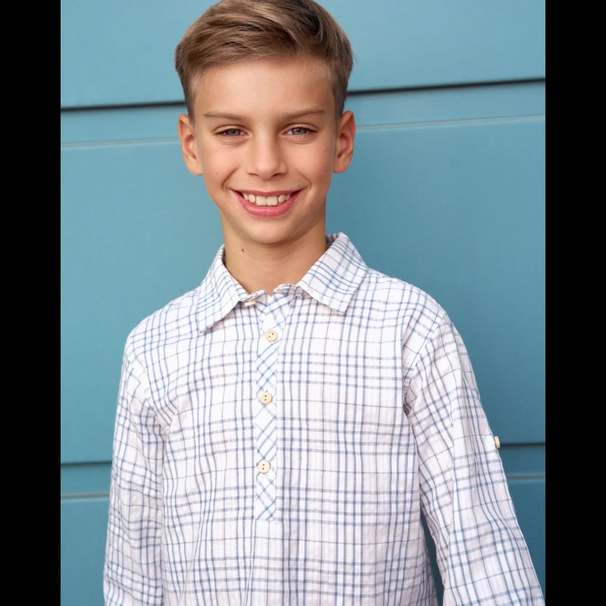 DADATI - Camisa de niño de cuadros azul y blanco