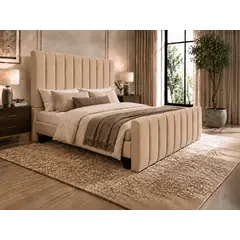 GENERICO - Cama King Capitone Beige con Doble Respaldo Con Colchon Mery Desing Diseño Moderno y Máximo Confort