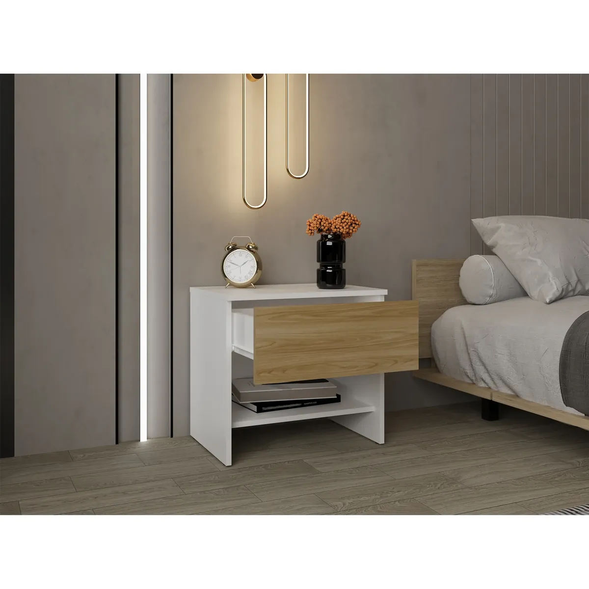 TUHOME - Velador 1 Cajon Dassel Blanco Y Fresno 46,6x50,0x35,0 Cm