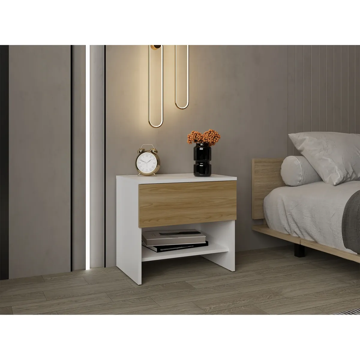 TUHOME - Velador 1 Cajon Dassel Blanco Y Fresno 46,6x50,0x35,0 Cm
