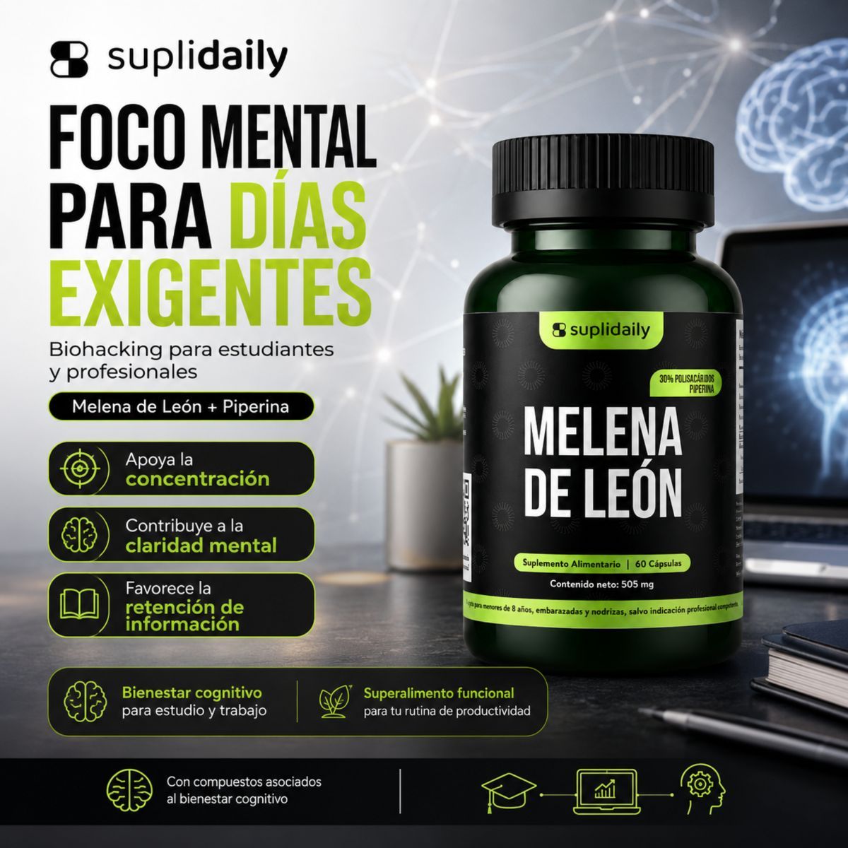 SUPLIDAILY - Melena De León SupliDaily 505mg 60 Caps Con Piperina Alta Potencia