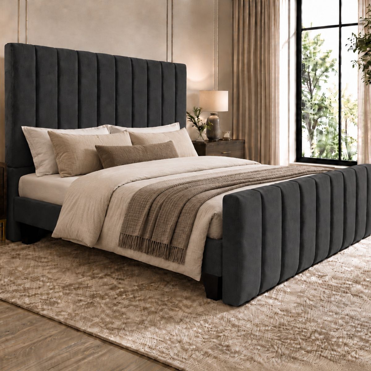 GENERICO - Cama King Capitone Gris Grafito con Doble Respaldo Con Colchon Mery Desing  Diseño Moderno y Máximo Confort