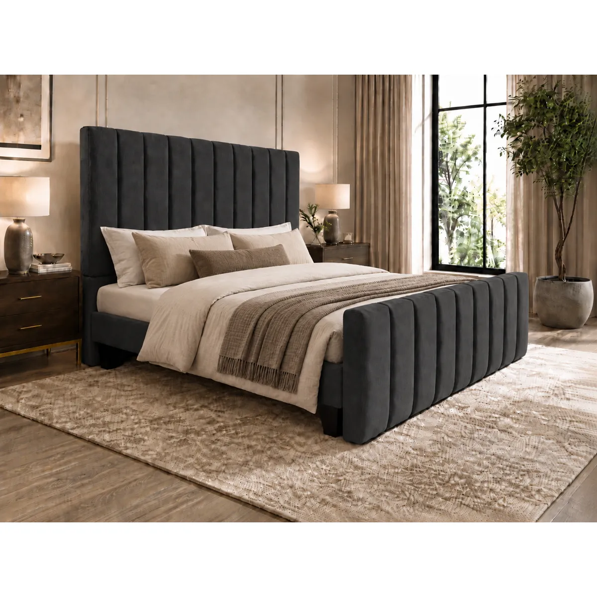 GENERICO - Cama King Capitone Gris Grafito con Doble Respaldo Con Colchon Mery Desing  Diseño Moderno y Máximo Confort