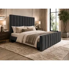 GENERICO - Cama King Capitone Gris Grafito con Doble Respaldo Con Colchon Mery Desing Diseño Moderno y Máximo Confort