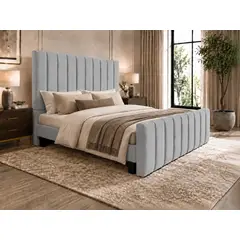 GENERICO - Cama King Capitone Gris Claro con Doble Respaldo Con Colchon Mery Desing Diseño Moderno y Máximo Confort