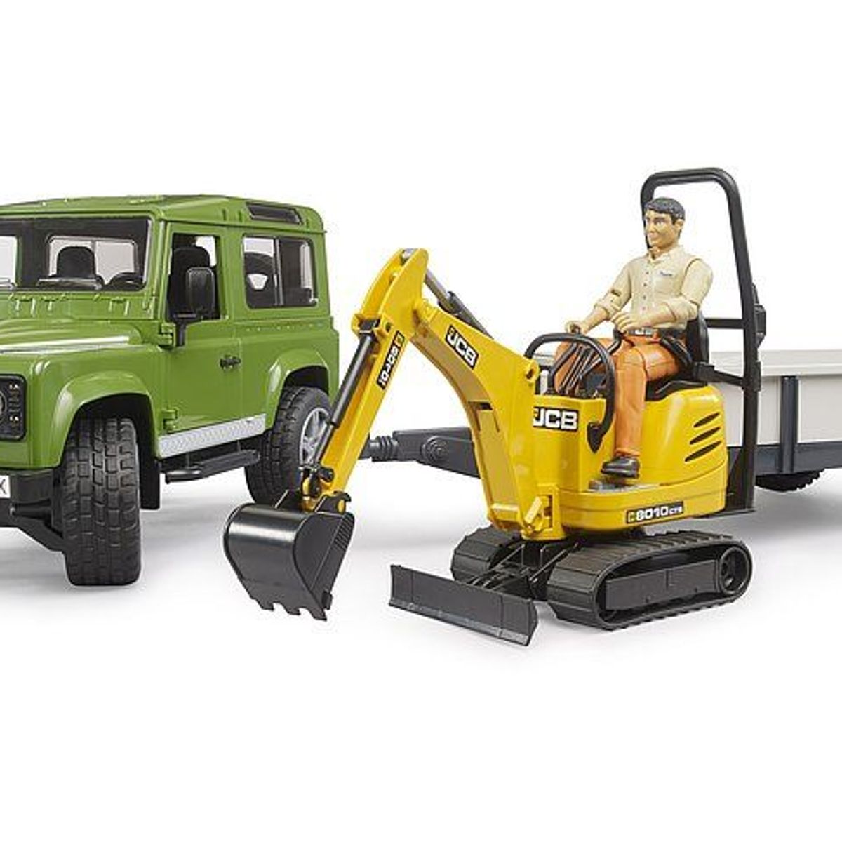 BRUDER - JEEP LAND ROVER DEFENDER CON MAQUINARIA JCB Y OPERADOR 1.16