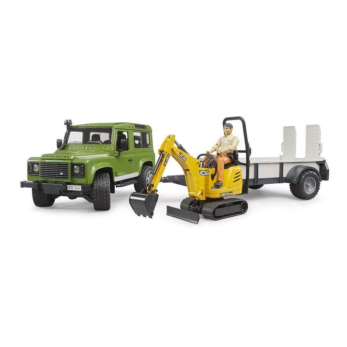 BRUDER - JEEP LAND ROVER DEFENDER CON MAQUINARIA JCB Y OPERADOR 1.16