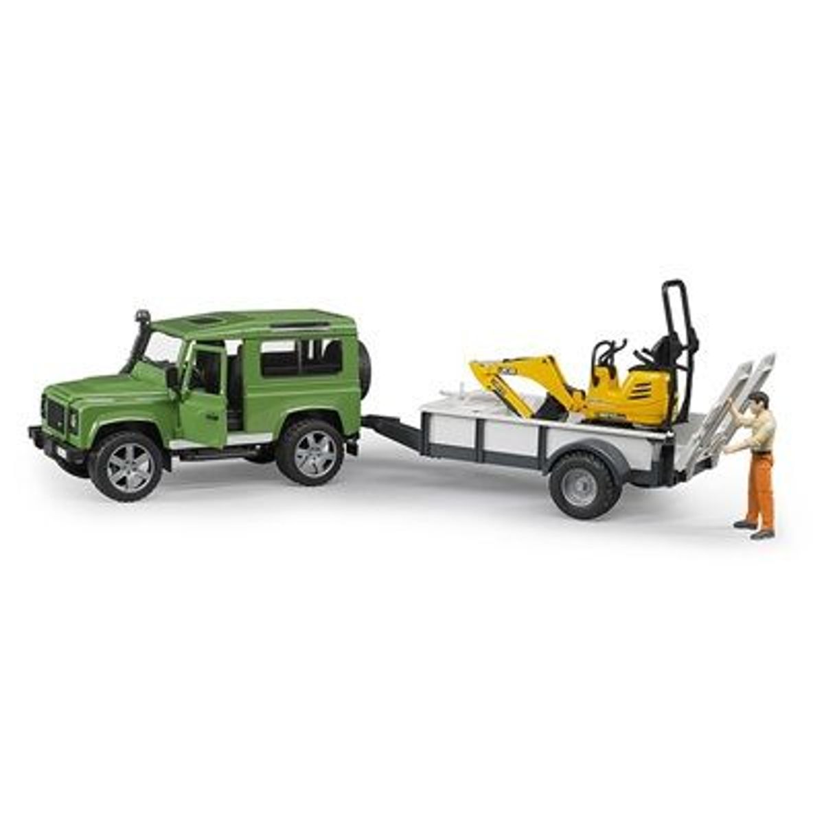 BRUDER - JEEP LAND ROVER DEFENDER CON MAQUINARIA JCB Y OPERADOR 1.16