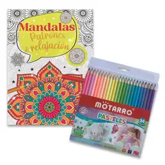 GENERICO - Libro para colorear Mandalas Patrones de relajación + 24 lápices pasteles