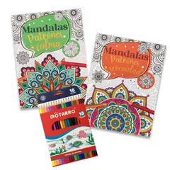 GENERICO - Pack Libros para colorear Mandalas Patrones de serenidad + Patrones de calma + 18 lápices de colores
