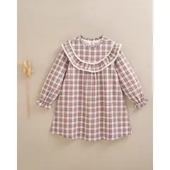DADATI - Vestido de niña de cuadros en beige, morado y teja