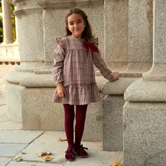 DADATI - Vestido de niña de cuadros granate y detalle de lazo