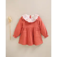 DADATI - Vestido de bebé niña de muselina teja con cuello de cuadros