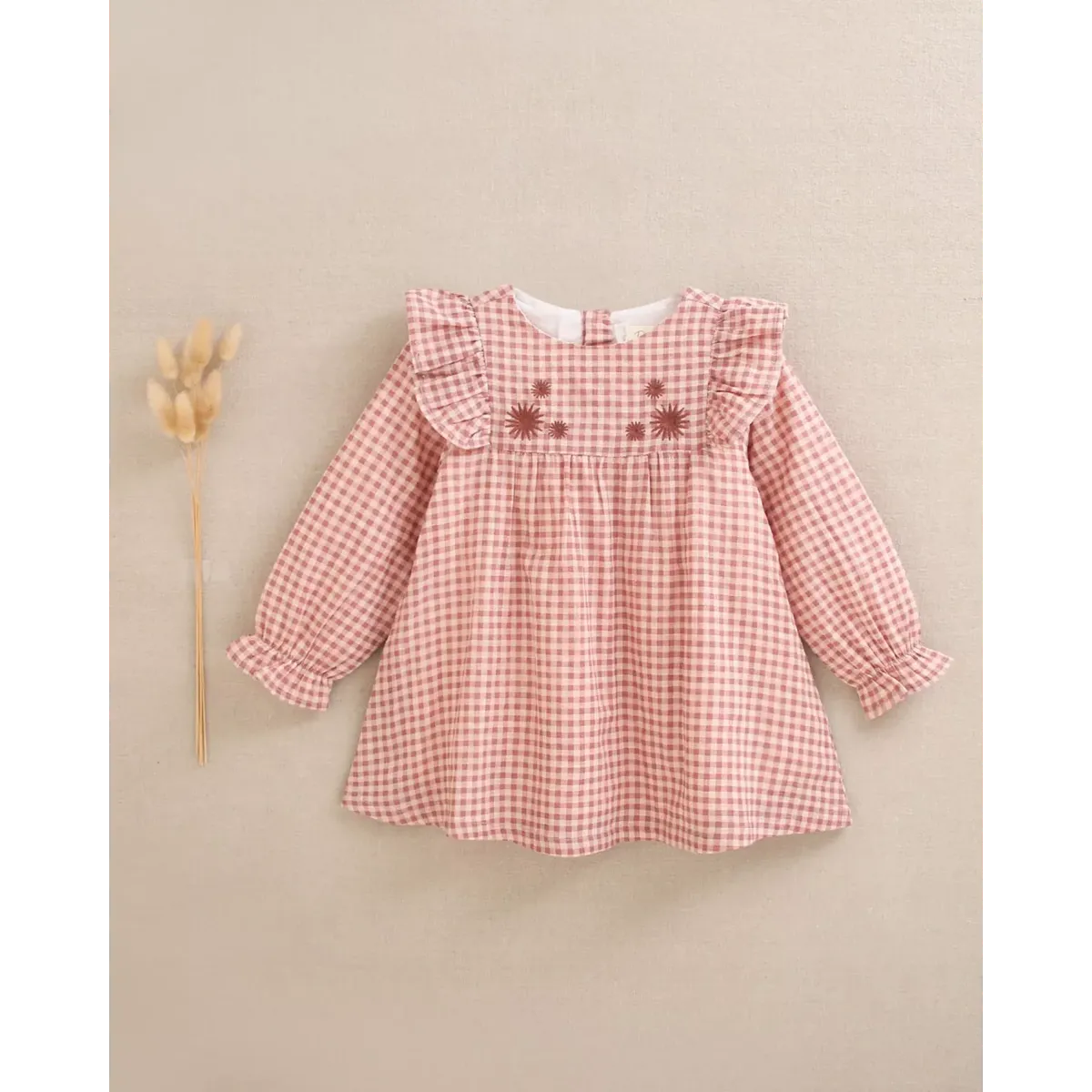 DADATI - Vestido de bebé niña de cuadros rosa y flores bordadas
