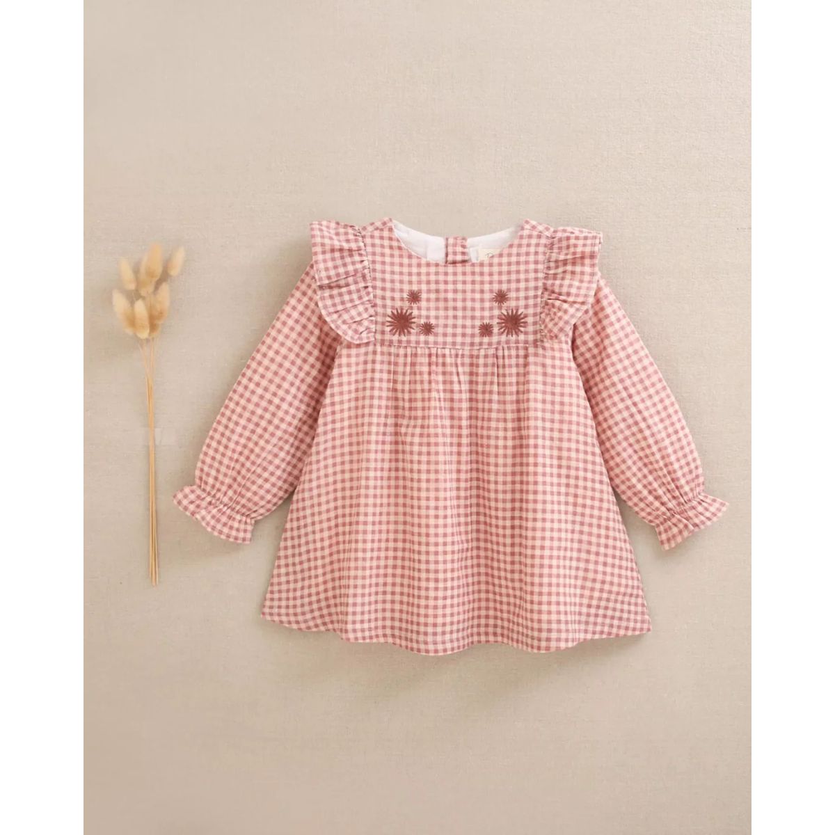 DADATI - Vestido de bebé niña de cuadros rosa y flores bordadas