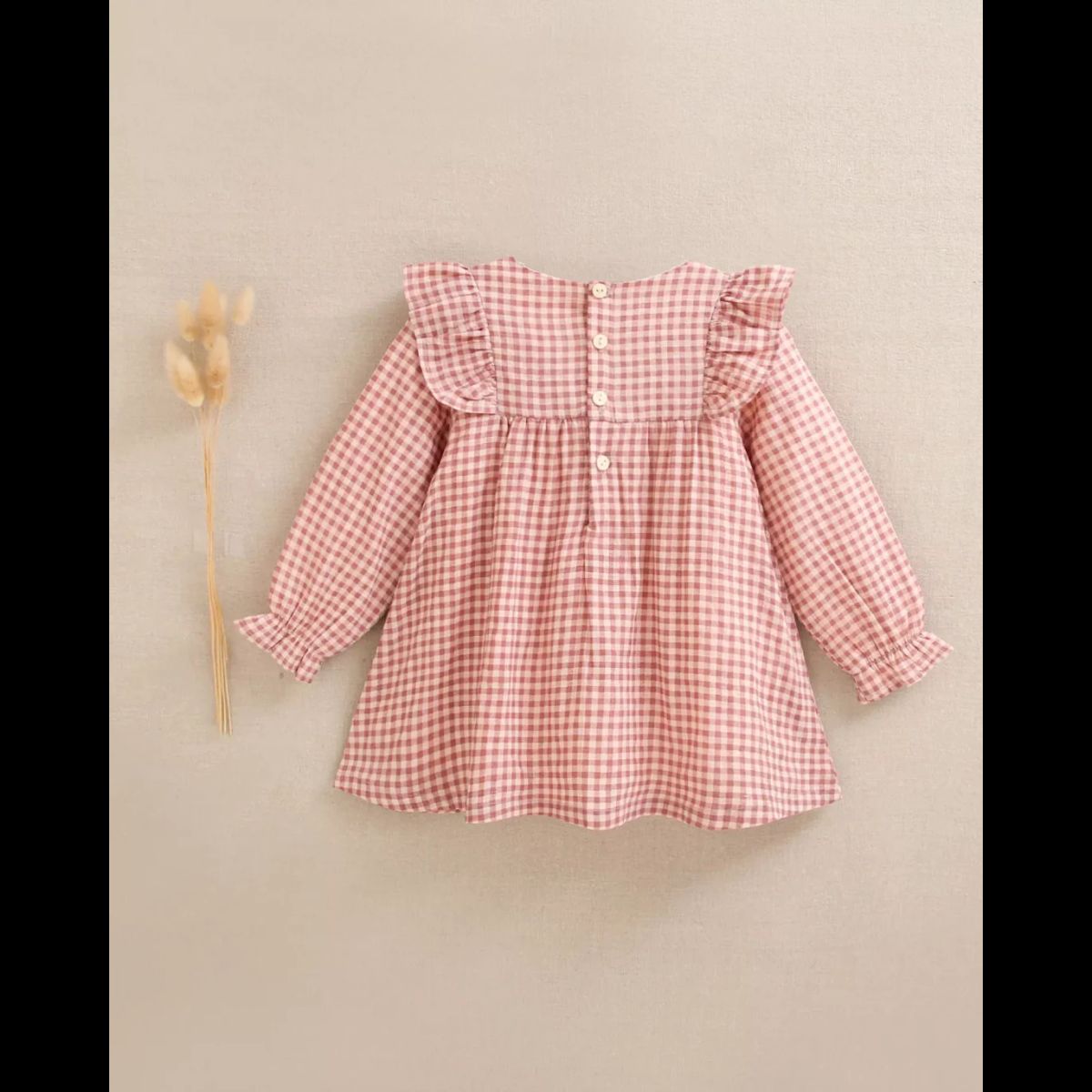 DADATI - Vestido de bebé niña de cuadros rosa y flores bordadas
