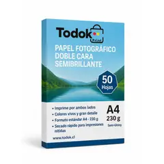 TODOK - Papel Fotografico Semibrillante Doble Cara A4 230g 50 Hojas