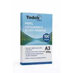 TODOK - Papel Fotografico Premium Glossy A3 100 Hojas 200g