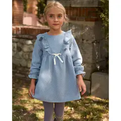DADATI - Vestido de niña azul con detalle de lazo y topitos blancos