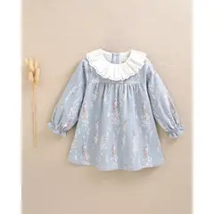 DADATI - Vestido de bebé niña azul con cuello con volante bordado