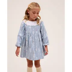 DADATI - Vestido de niña azul con cuello con volante bordado