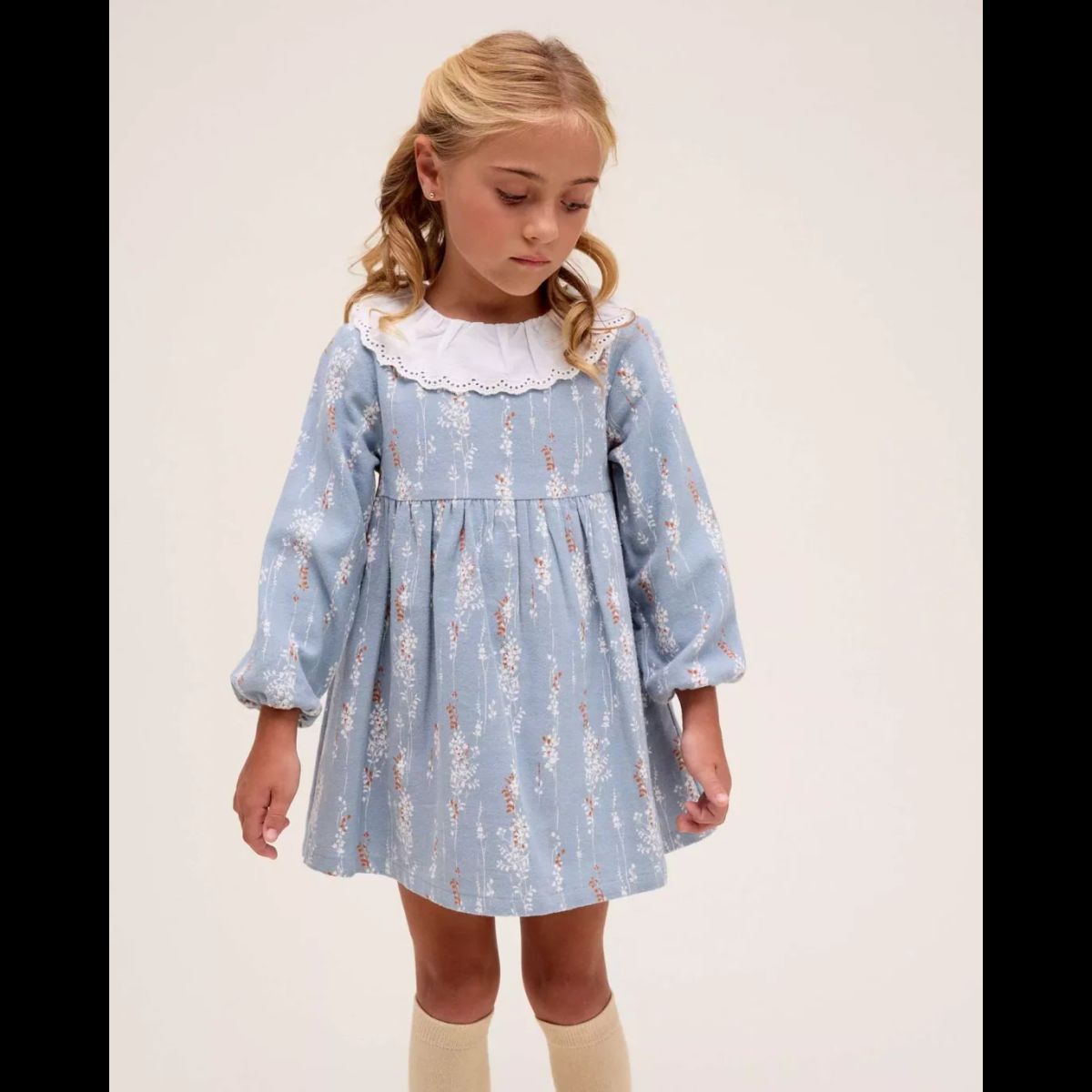 DADATI - Vestido de niña azul con cuello con volante bordado