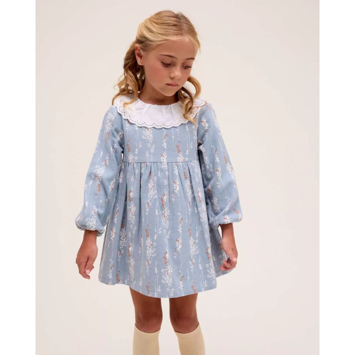 DADATI - Vestido de niña azul con cuello con volante bordado
